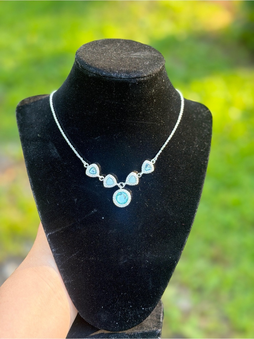 Silver Necklace with Turquoise Blue Gem Drops